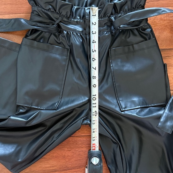 Who What Wear Women Black High Rise Faux Leather Belted Paperbag Trouser Pants 2 - Picture 8 of 9